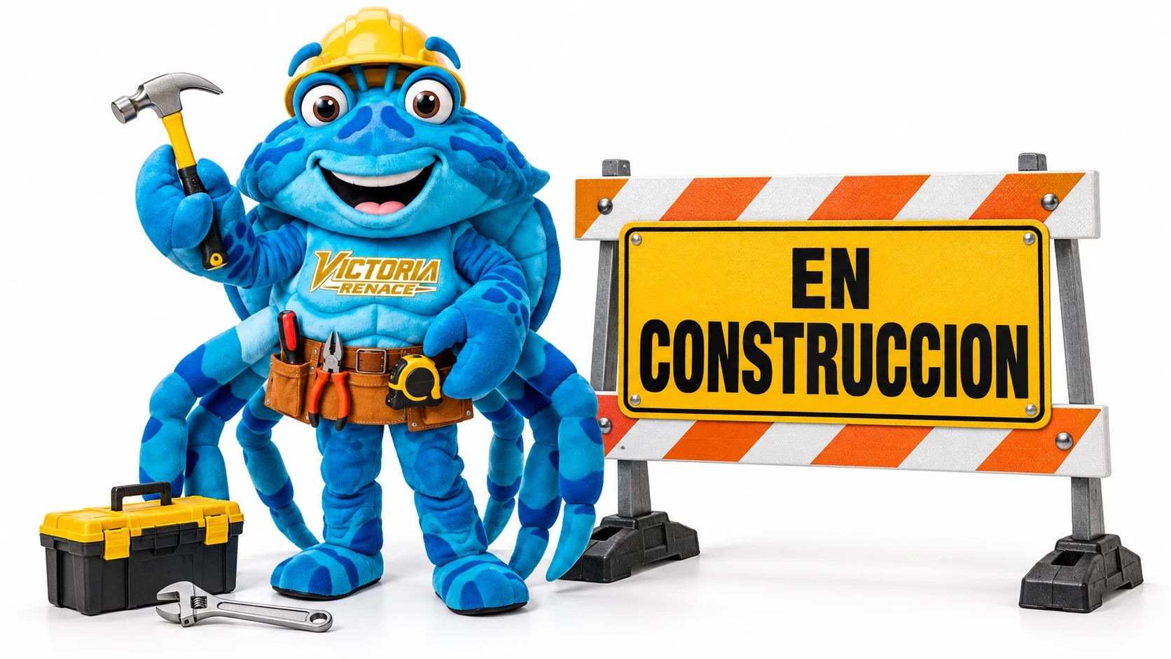 La jaiba del Victoria con casco y herramientas junto a un letrero que dice En construcción